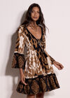 Paisley Bell Sleeve Mini Dress, Camel, large