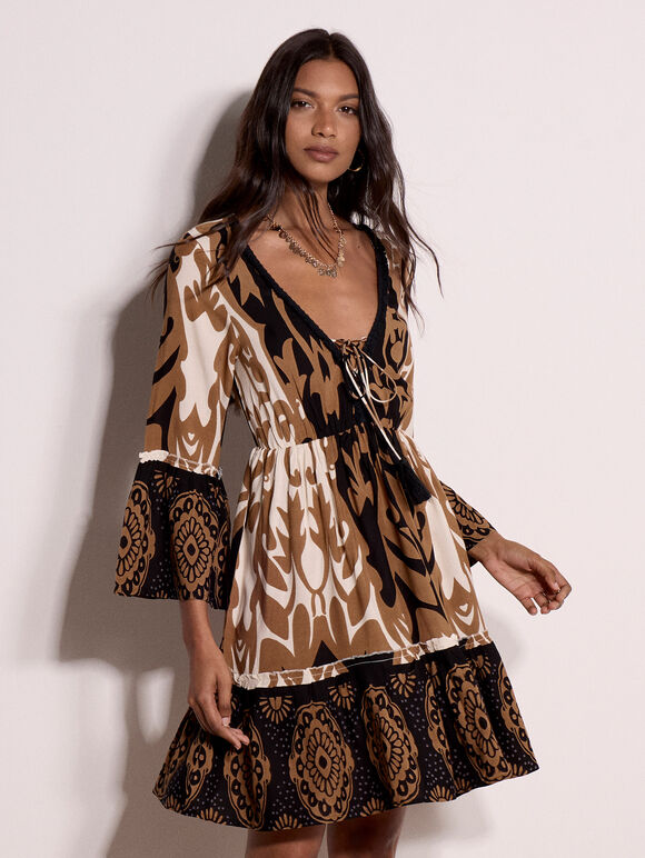 Paisley Bell Sleeve Mini Dress, Camel, large