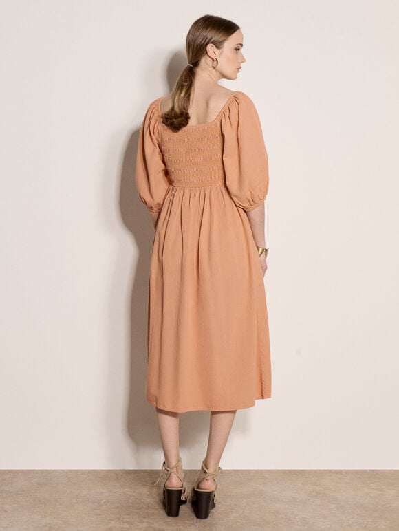 Ruffle Cotton Milkmaid Midi Dress, Peach, large