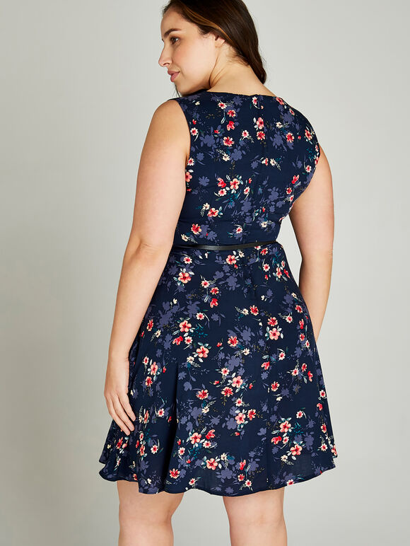 Painterly Floral Cut Out Neck Dress +, Navy, large