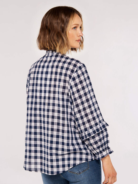 Tie-Frill Checked Shirt, Blue, large