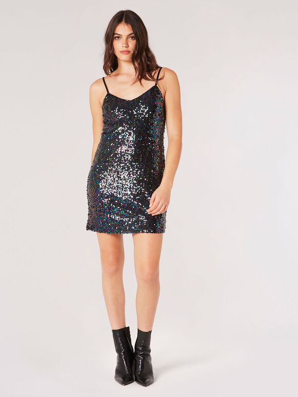 Sequin Cami Mini Dress, Black, large
