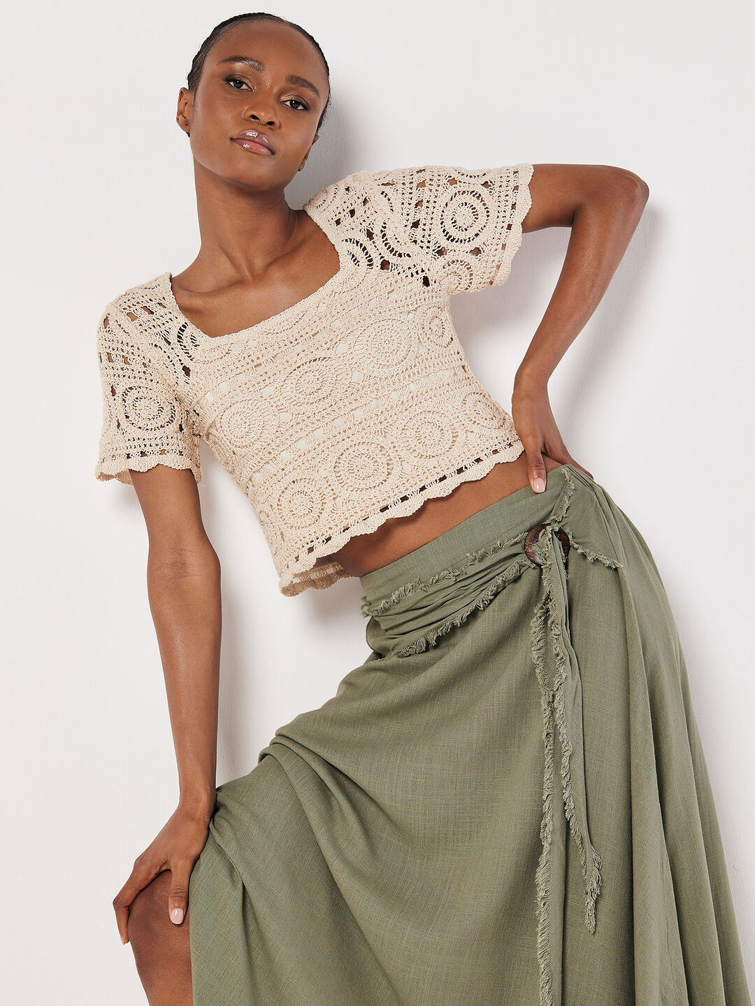 Linen Blend Hanky Hem Midi Skirt