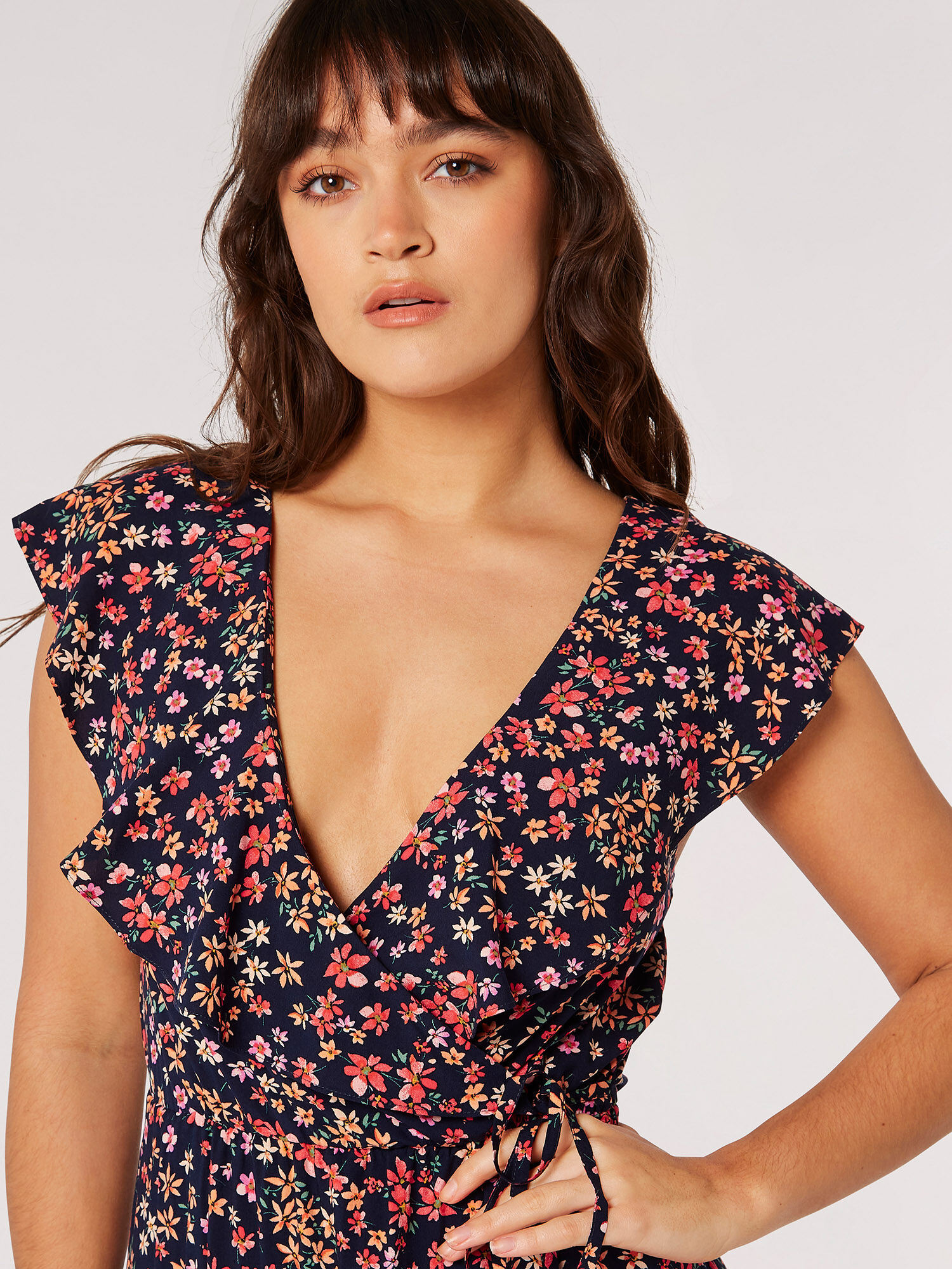 Ditsy Floral Ruffle Wrap Midi Dress Apricot Clothing