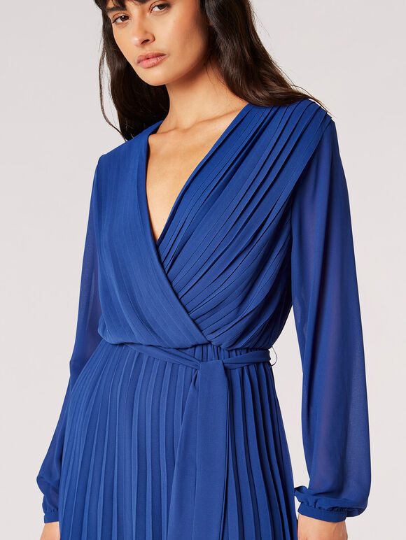 Pleated Chiffon Wrap Mini Dress, Blue, large