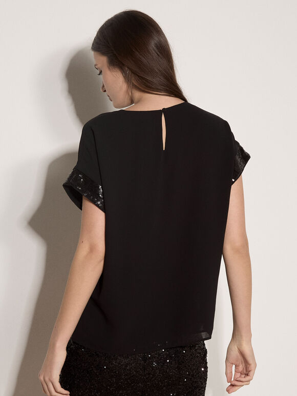 Crepe Sequin Trim T-Shirt, Black, large