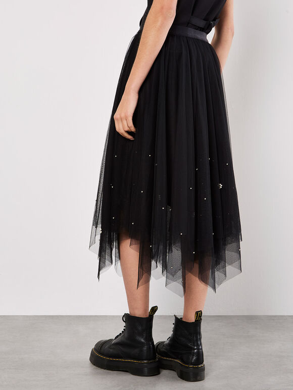 Pearl Embellished Tulle Midi Skirt, Black, large