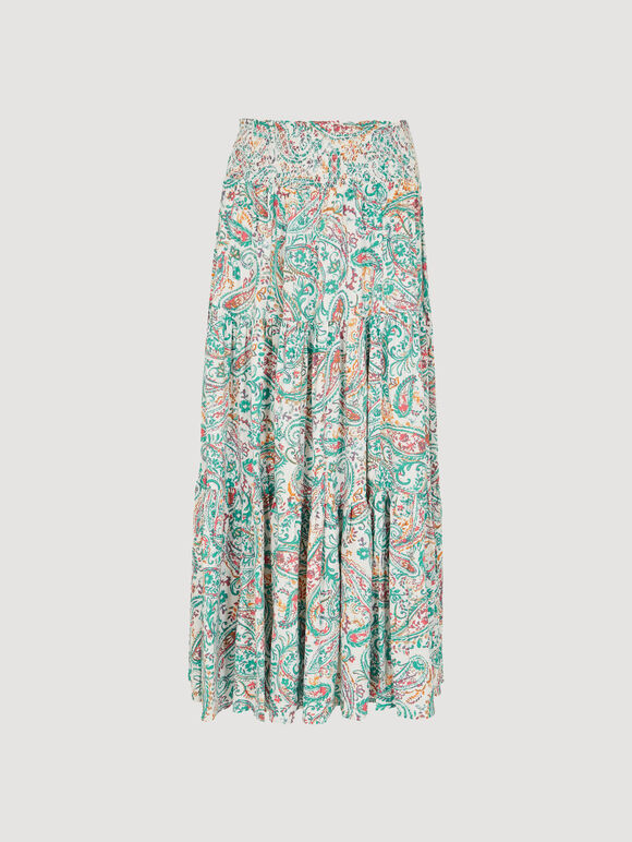 Paisley Tiered Maxi Skirt, Aqua - Turquoise, large