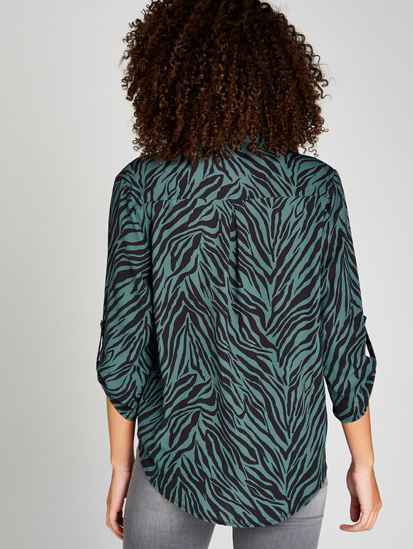 Zebra Print Open Neck Shirt, Green, large