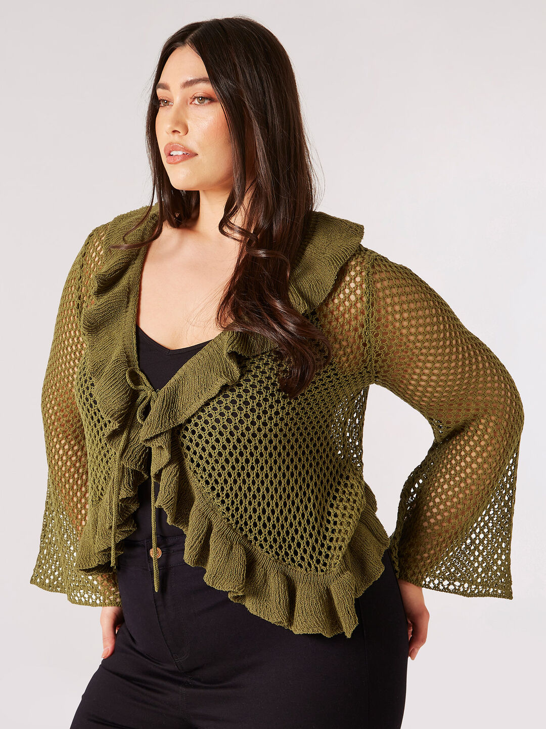 Image of Curve Open Knit Ruffle Cardigan