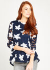 Graphic Flower Dot Mesh Top, Navy, large