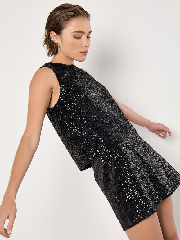 Sequin Velvet Sleeveless Top, Black, large