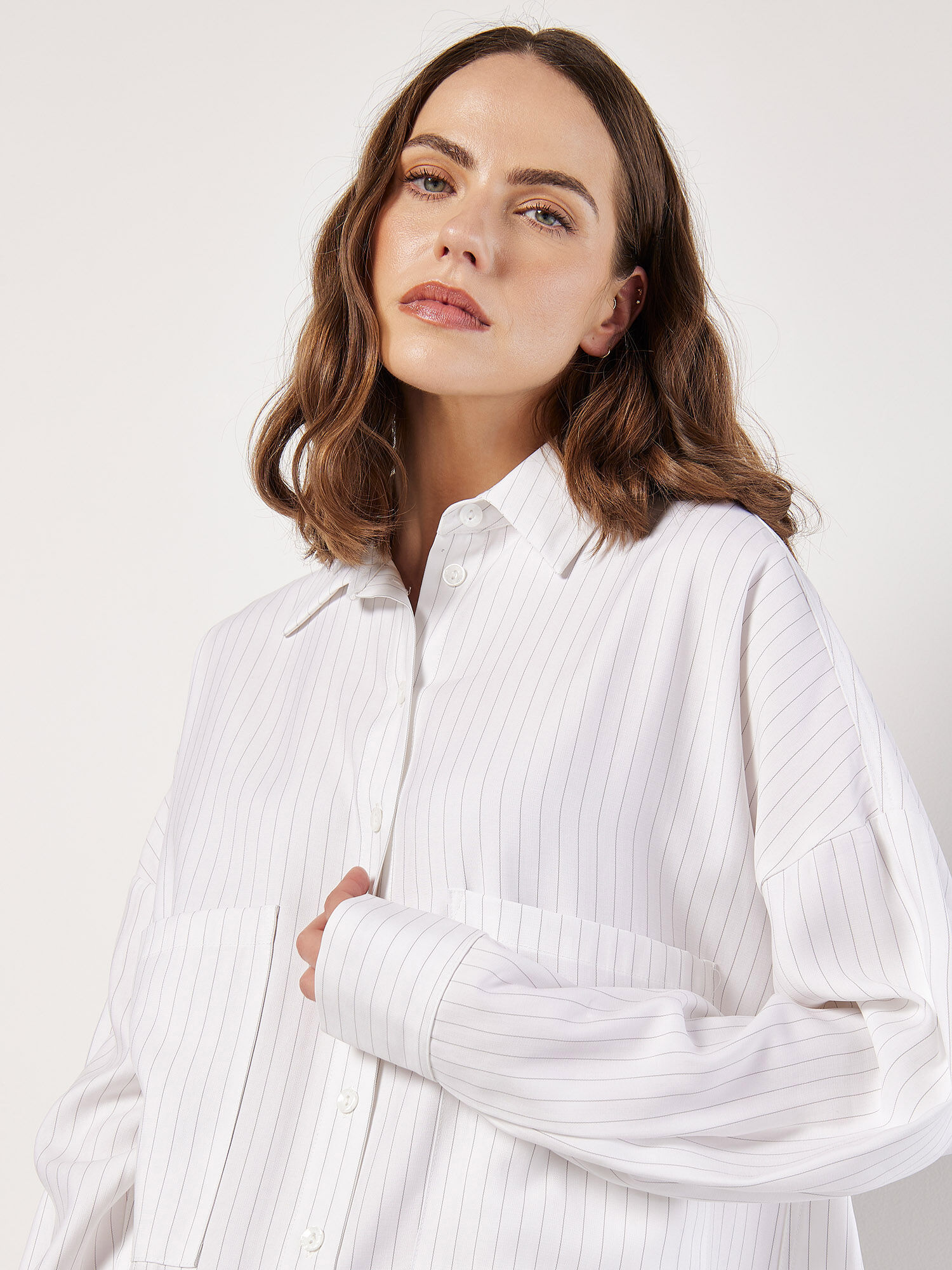 Pinstripe Oversized Shirt Mini Dress Apricot Clothing