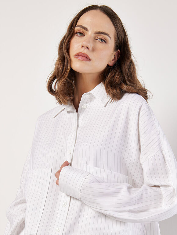 Pinstripe Oversized Shirt Mini Dress, White, large