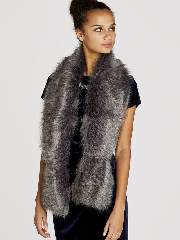 Grey Faux Fur Longline Scarf, Grey, large
