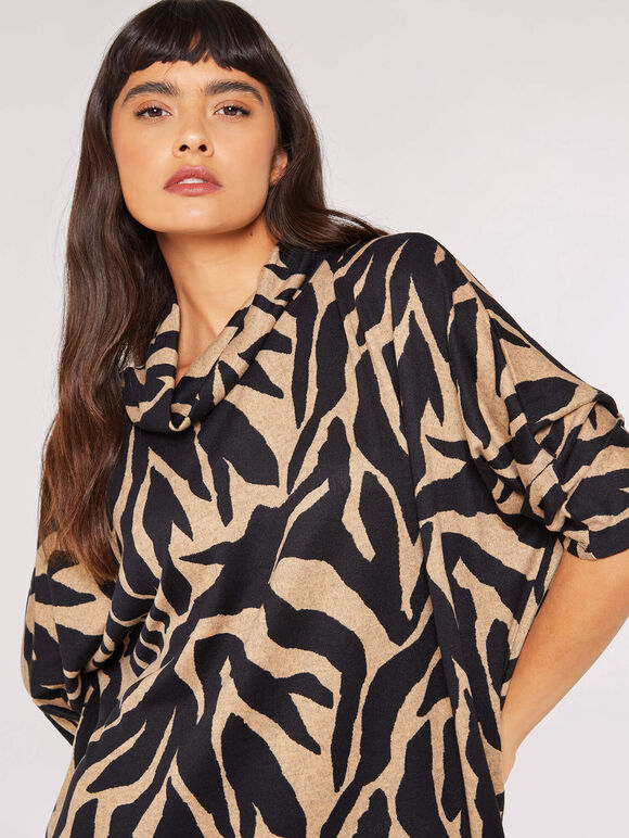 Zebra Roll Neck Cocoon Mini Dress, Stone, large