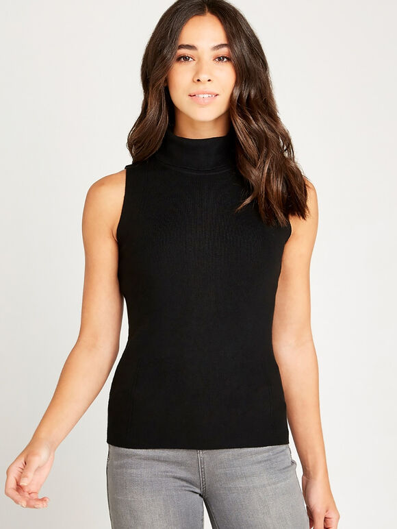 Roll Neck Knitted TankTop, Black, large