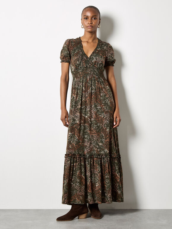 Peacock Feather Print Maxi Dress, Khaki, large
