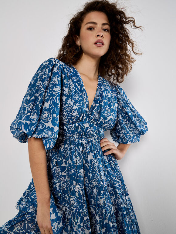 Rose Print Tiered Midi Dress, Blue, large