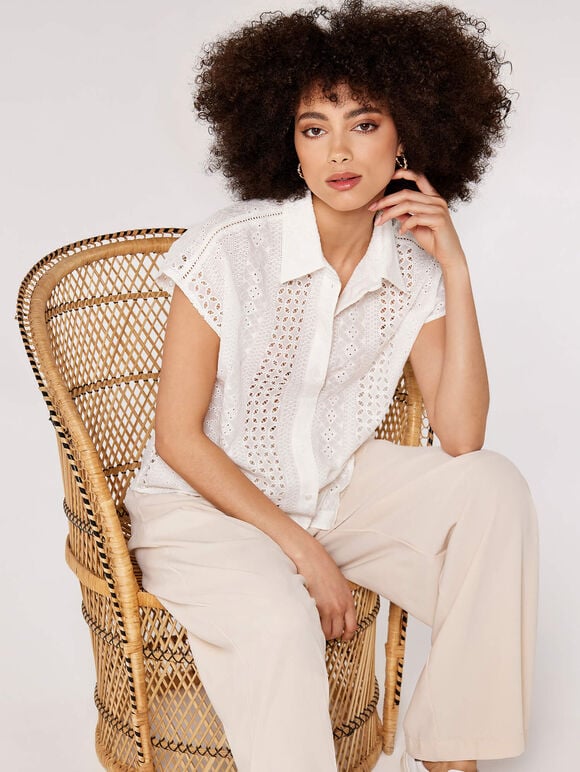 Broderie Short Sleeve Shirt, White, large