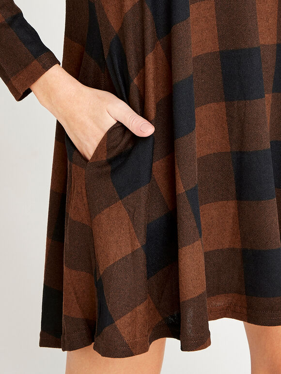 Gingham Long Sleeve Swing Dress, Rust, large
