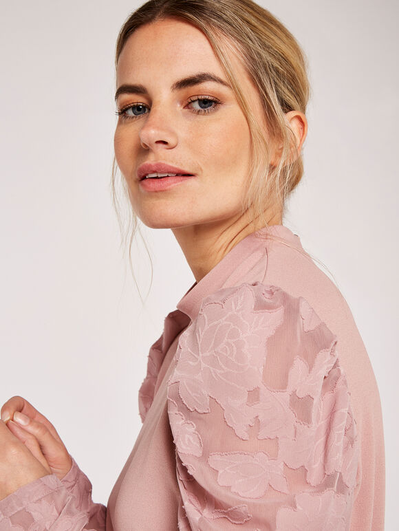 Sheer Puff Sleeve Mock Neck Top, Pink, large