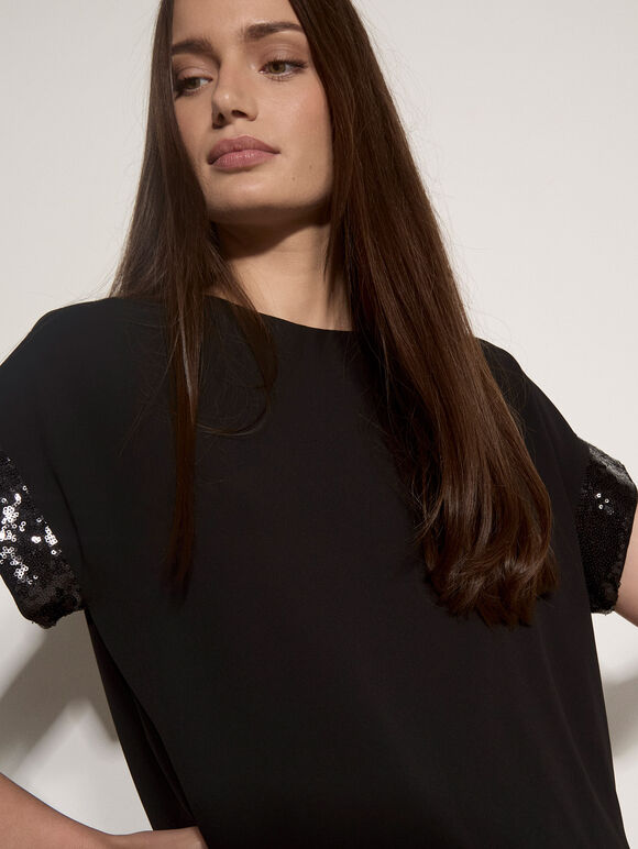 Crepe Sequin Trim T-Shirt, Black, large