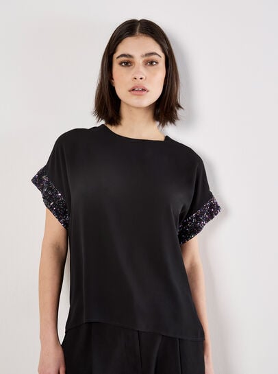 Sequin Trim Chiffon Layered T-Shirt