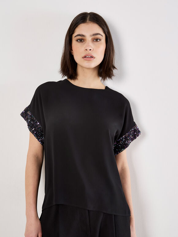 Sequin Trim Chiffon Layered T-Shirt, Assorted, large