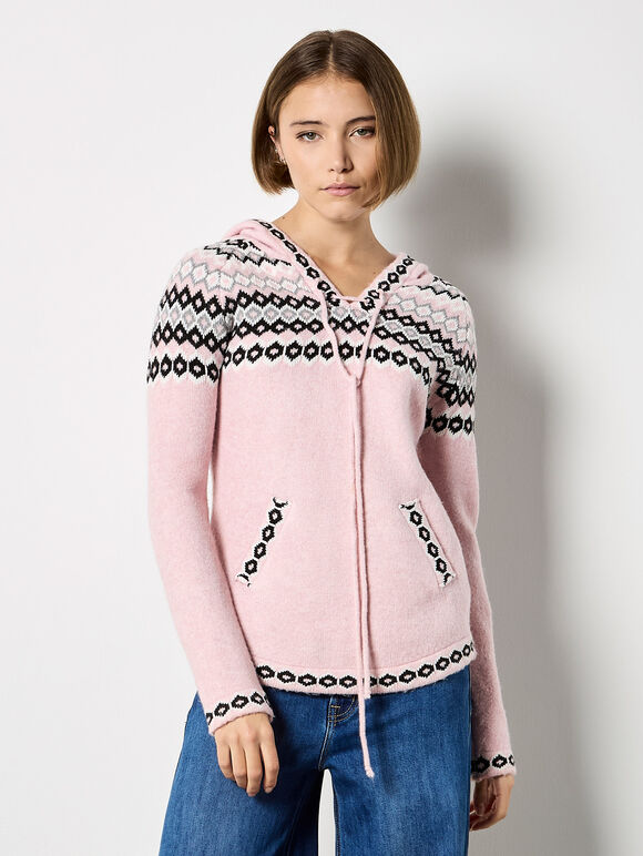 Diamond Pattern Hooded Jumper, Pink, large