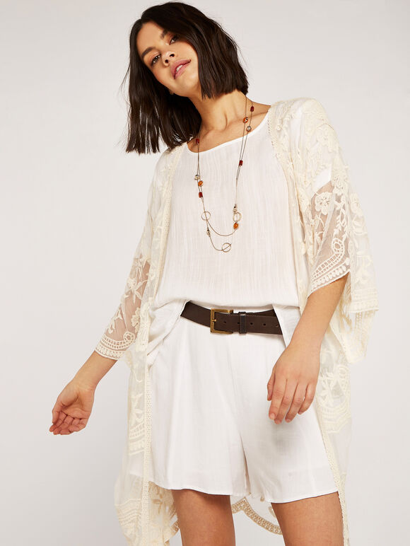 Mesh Scallop Edge Cardigan, Stone, large