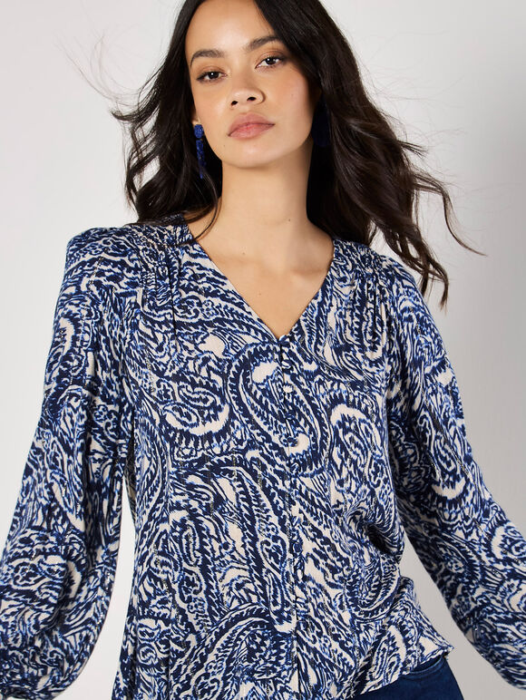 Paisley Print Shimmer Blouse, Navy, large