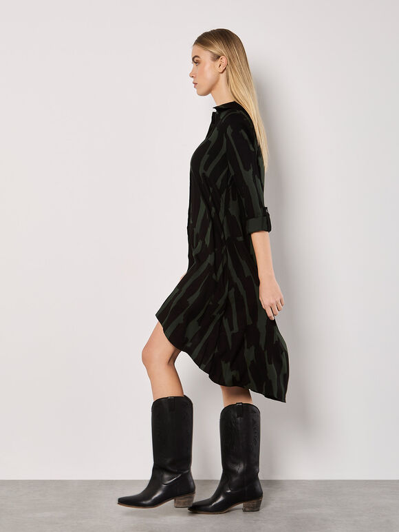 Abstract Lines Shirt Midi Dress, Green, large