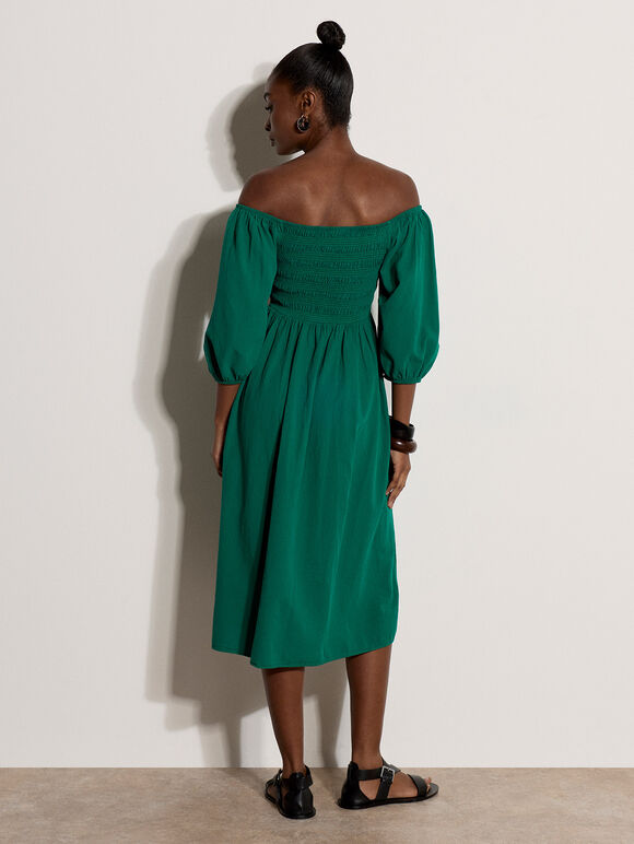 Ruffle Milkmaid Midi Dress, Green, large