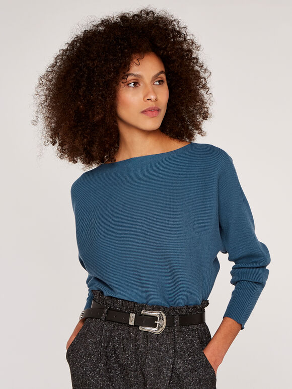 Boat Neck Ribbed Jumper, Blue, large