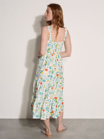 Postcard Print Tiered Midi Dress