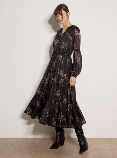 Metallic Shimmer Floral Silhouette Midi Dress
