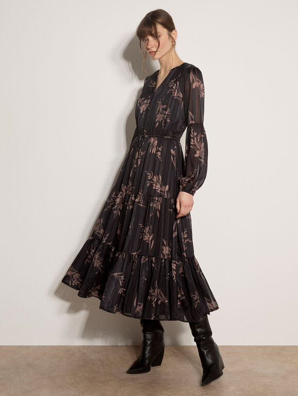 Metallic Shimmer Floral Silhouette Midi Dress, Black, large