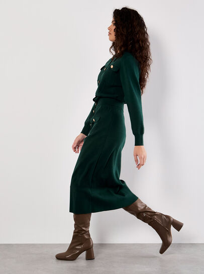Ribbed Knit Button-Down Midi Skirt