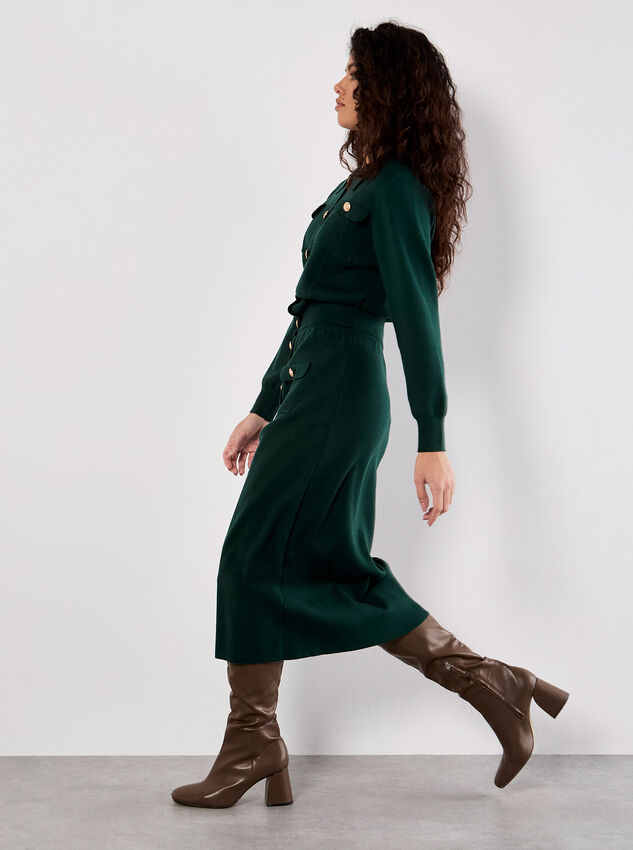 Ribbed Knit Button-Down Midi Skirt, Green, large