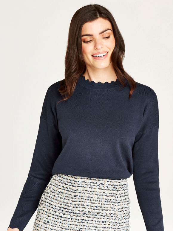 Scallop Detail Full Knit Jumper, Navy, large