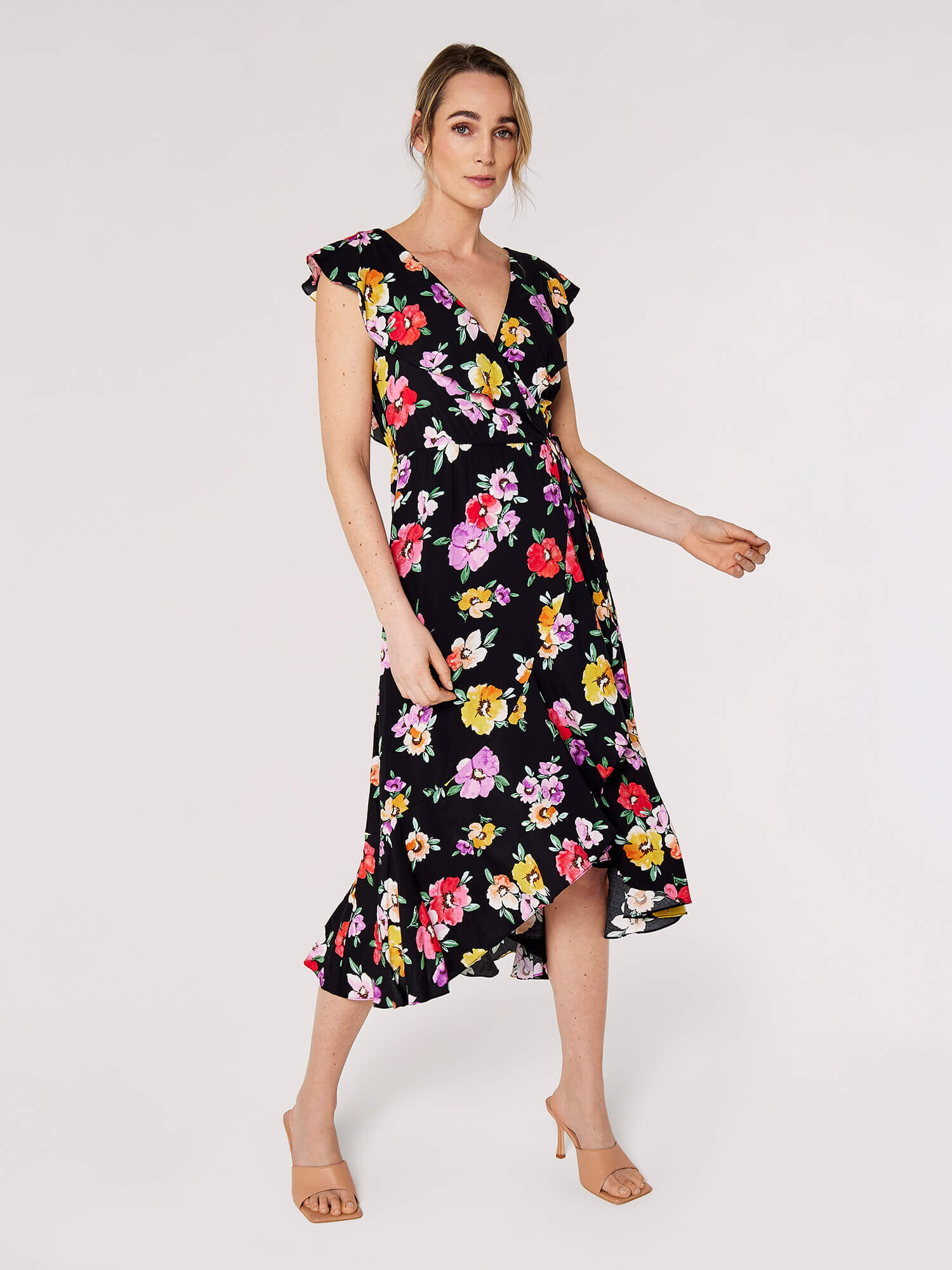 Floral Wrap Midi Dress Apricot Clothing