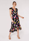 Floral Wrap Midi Dress, Black, large