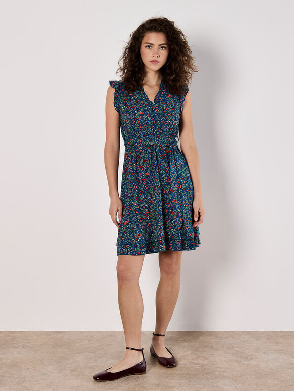 Ruffle Floral Mini Dress, Blue, large