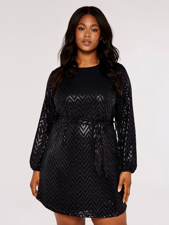 Curve Chevron Mini Dress, Black, large