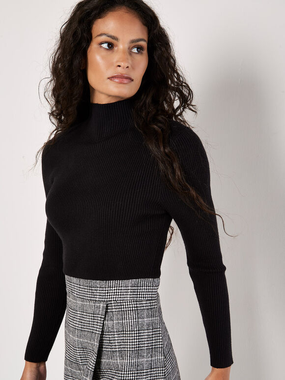 Ribbed Knit Check Skirt Mini Dress, Black, large