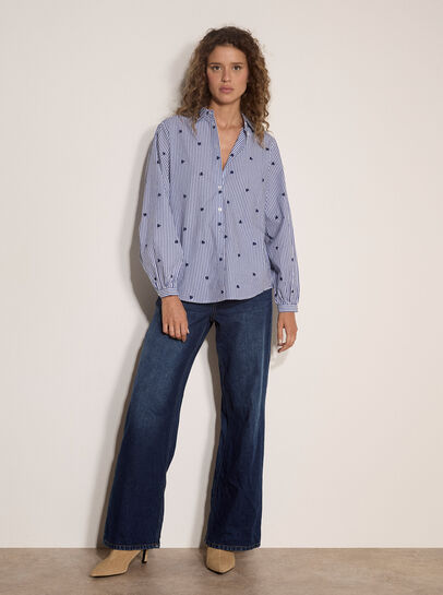 Heart Embroidered Stripe Cotton Shirt