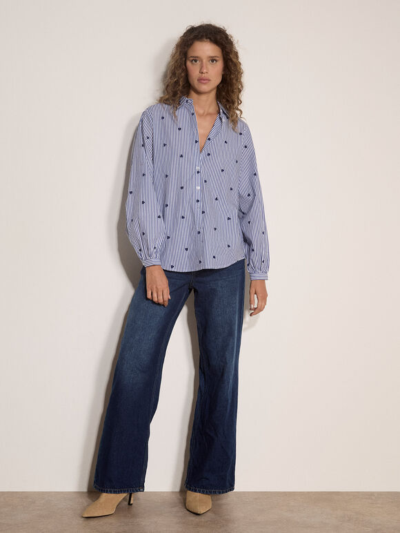 Heart Embroidered Stripe Cotton Shirt, Blue, large