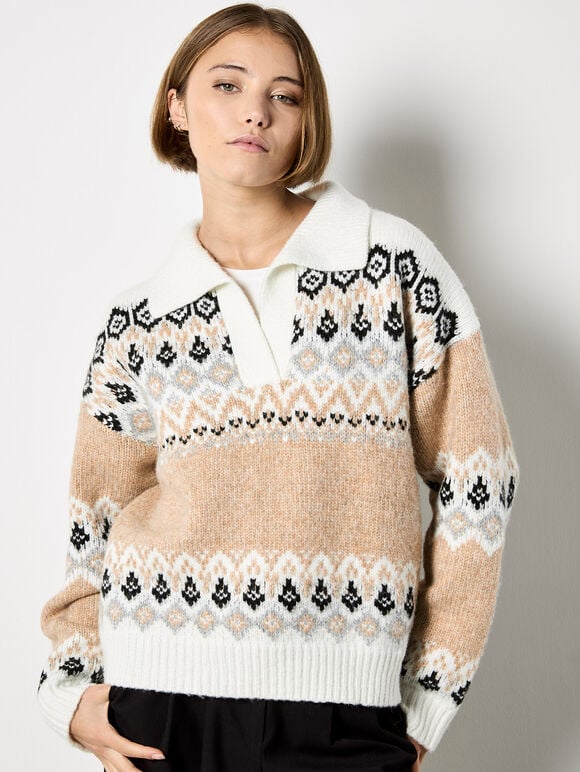 Open Collar Fair Isle Jumper, Stone, large