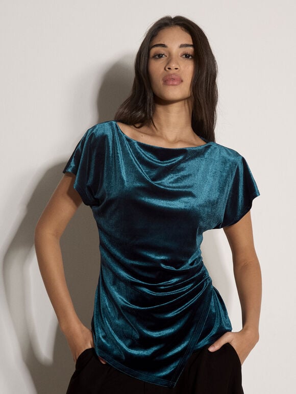 Asymmetric Ruched Velvet Top, Teal, large
